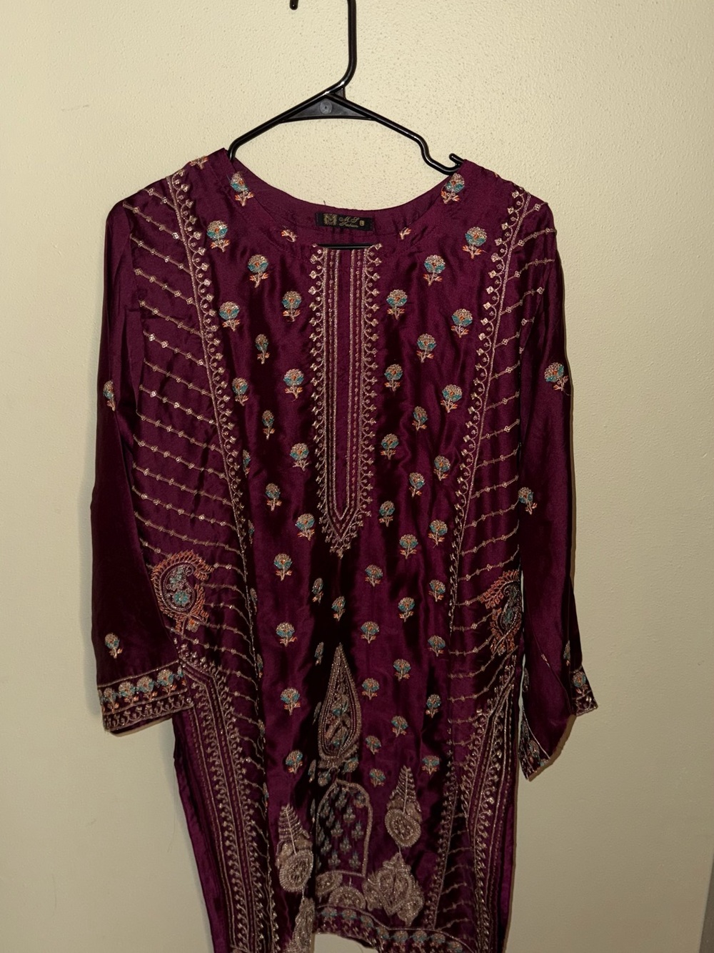 3pc desi outfit SL Fashions Plum Embroidered Tunic with Multicolor Floral Motifs